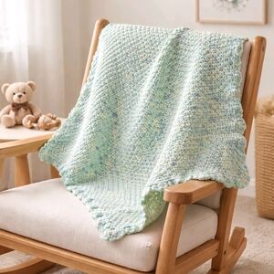 Vintage 70s Pastel Crochet Granny Stripe Afghan Baby Blanket 39x39 Scalloped Edg